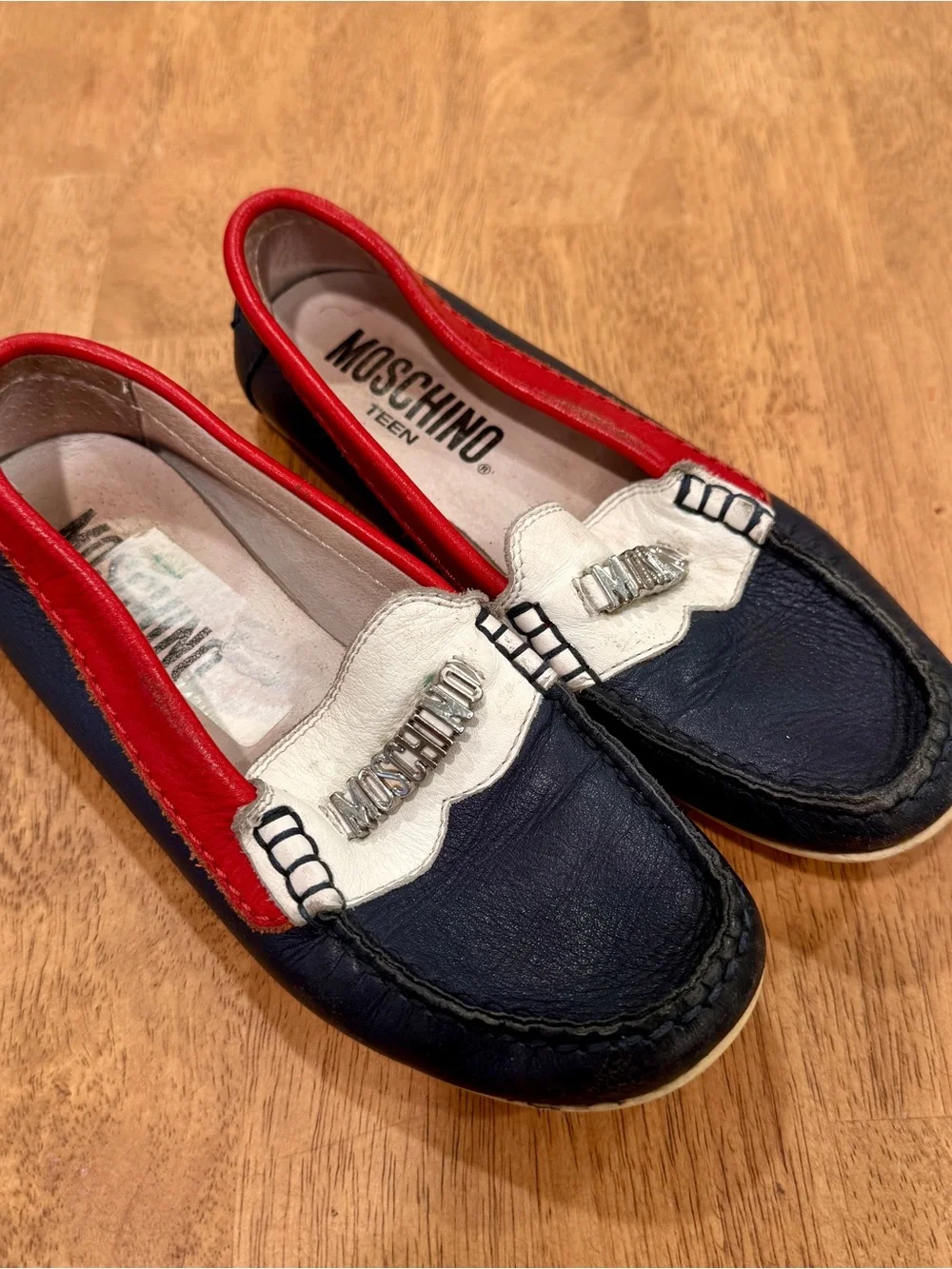 Moschino Teen Kids Leather Moccasin Loafers Size 31 US 13 Red White Blue Preppy